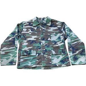 1980s K-Mart Camouflage Men Sz Large Camo Army Military Button Shirt Vintage